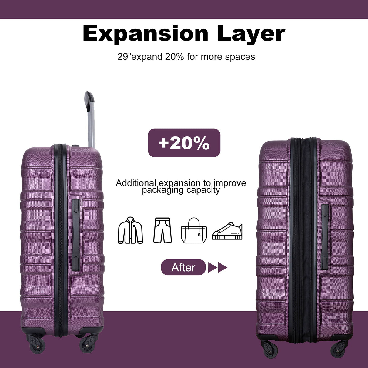 Expandable 3 Piece Luggage Sets Pc Lightweight & Durable Suitcase With Two Hooks, Spinner Wheels, Tsa Lock, (21/25/29) - Dark Purple