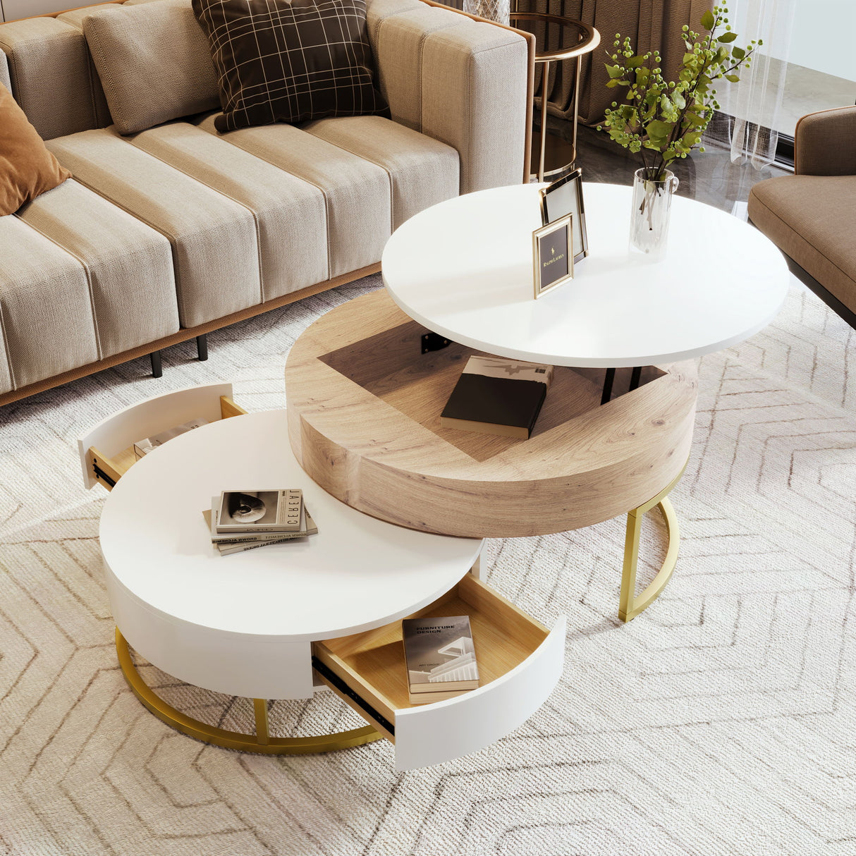 Modern Round Lift-Top Nesting Coffee Tables With 2 Drawers