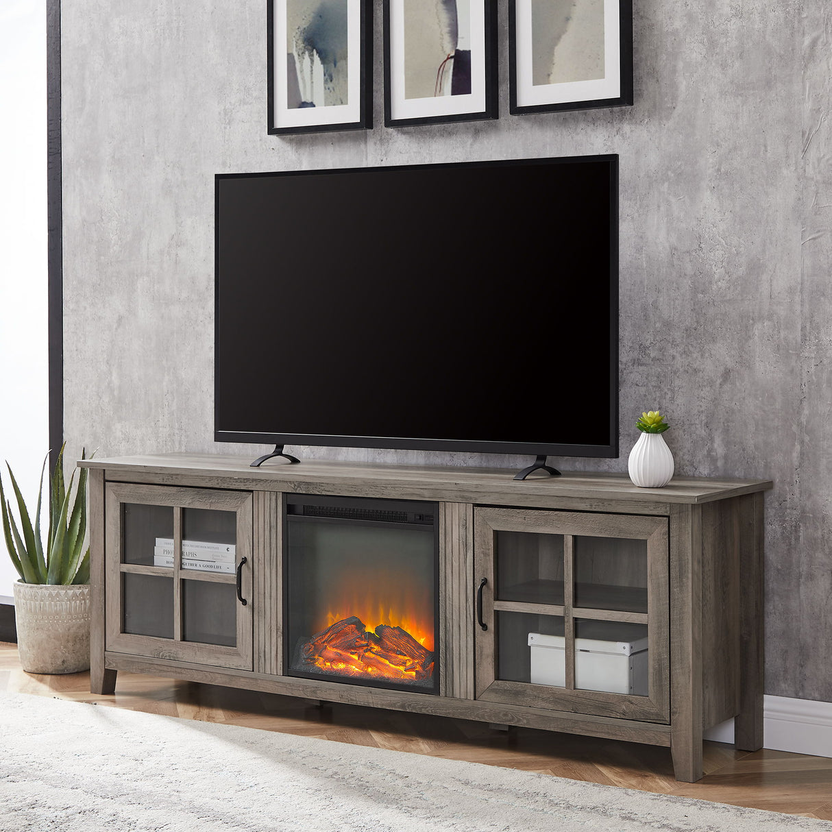 Modern Farmhouse 2 Door Glass Windowpane 70" TV Stand For 80" TVs
