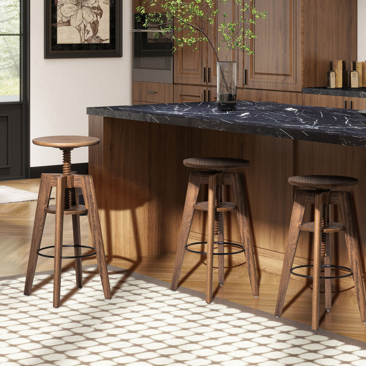 Spencer - Minimalist Oak Adjustable Bar Counter Stool - Walnut Brown Oak