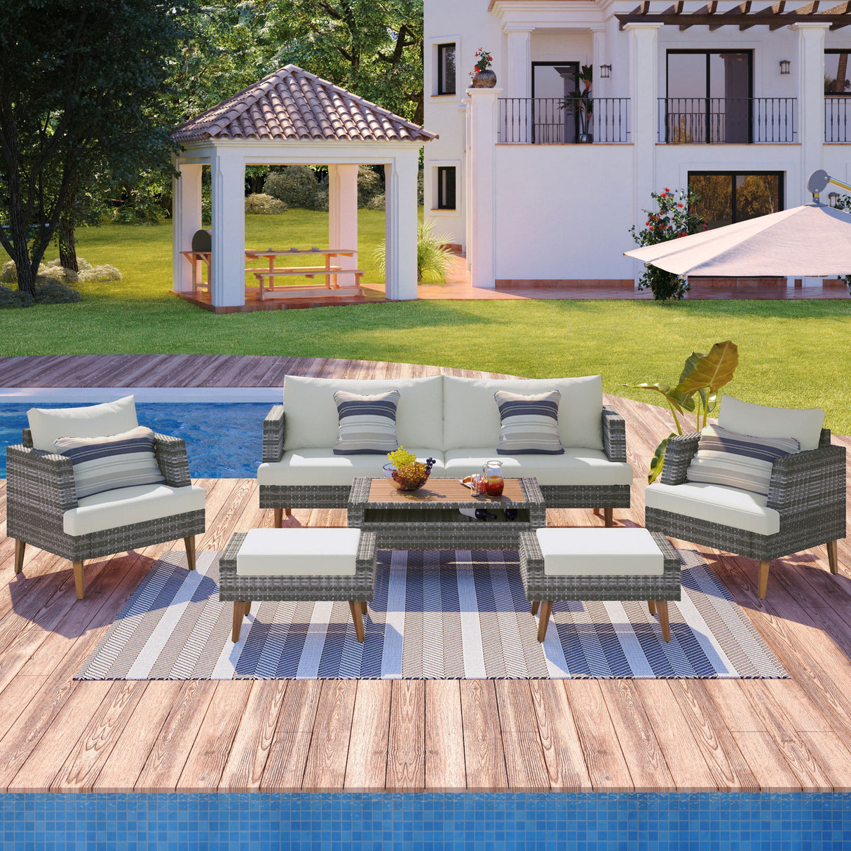 6 Pieces All Weather Sofa Set, Outdoor Rattan Sofa With Double Cushions