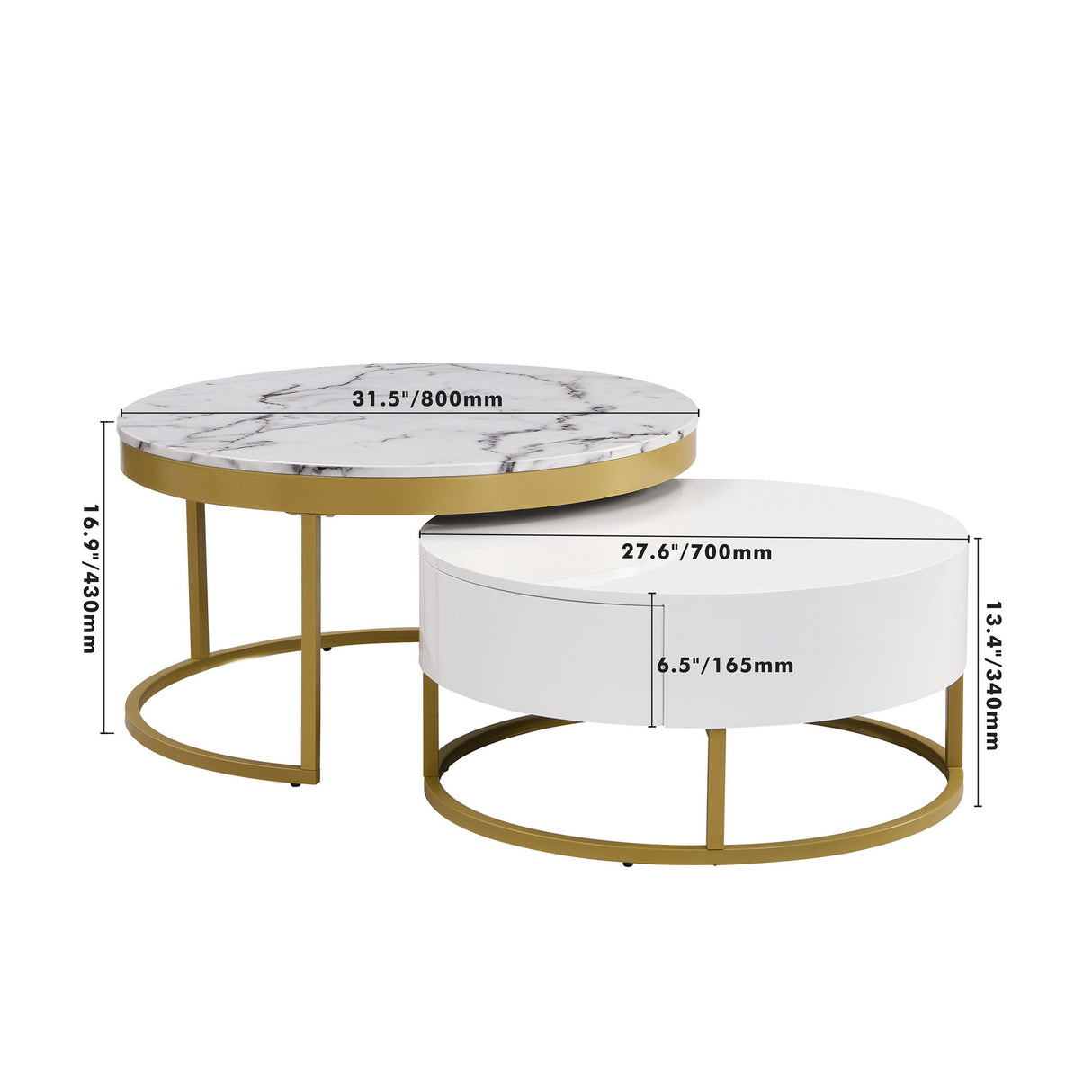 Round Nesting Coffee Table With Drawers - Golden / White
