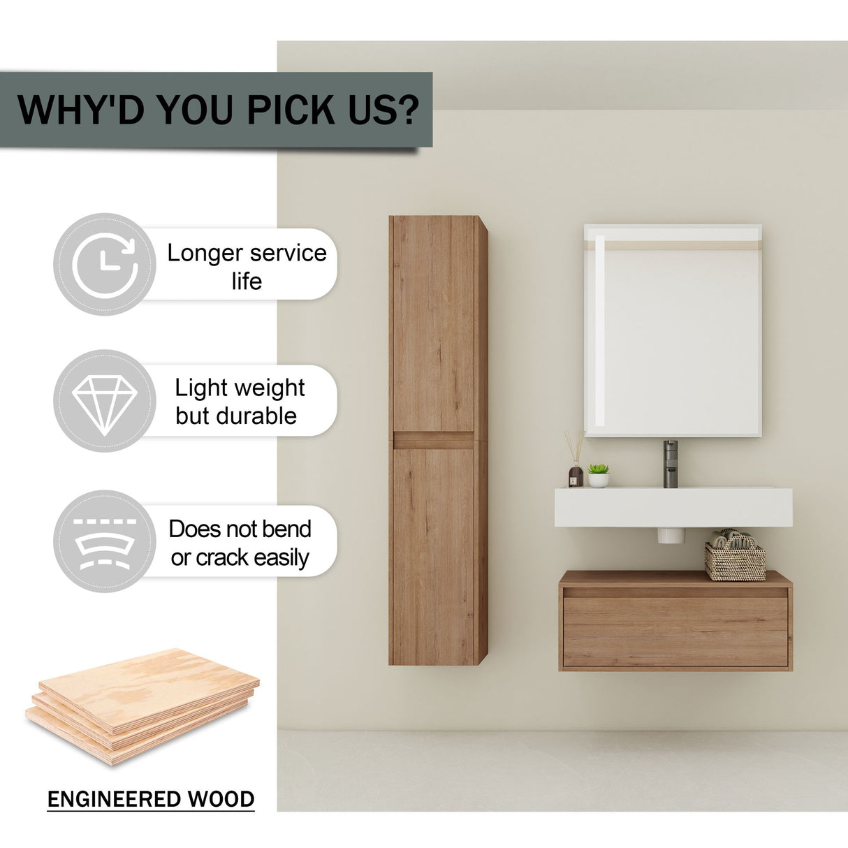 Modern Wall Mounted 30 Inch Bathroom Vanity With Resin Sink And 2 Side Cabinet In Imitative - Imitative Oak