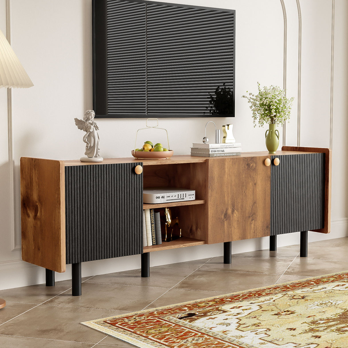 Mid Century TV Stand & 3 Cabinets, Media Console Table For Tvs Up To 70'', Entertainment Center With Storage For Living Room - Black / Brown