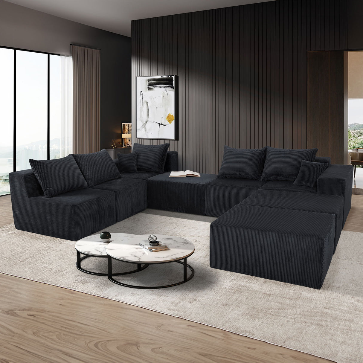 Luxury 8 Piece Modular U Shaped Sectional Sofa With Oversized Chaise Lounge And Bed Corduroy Upholstery