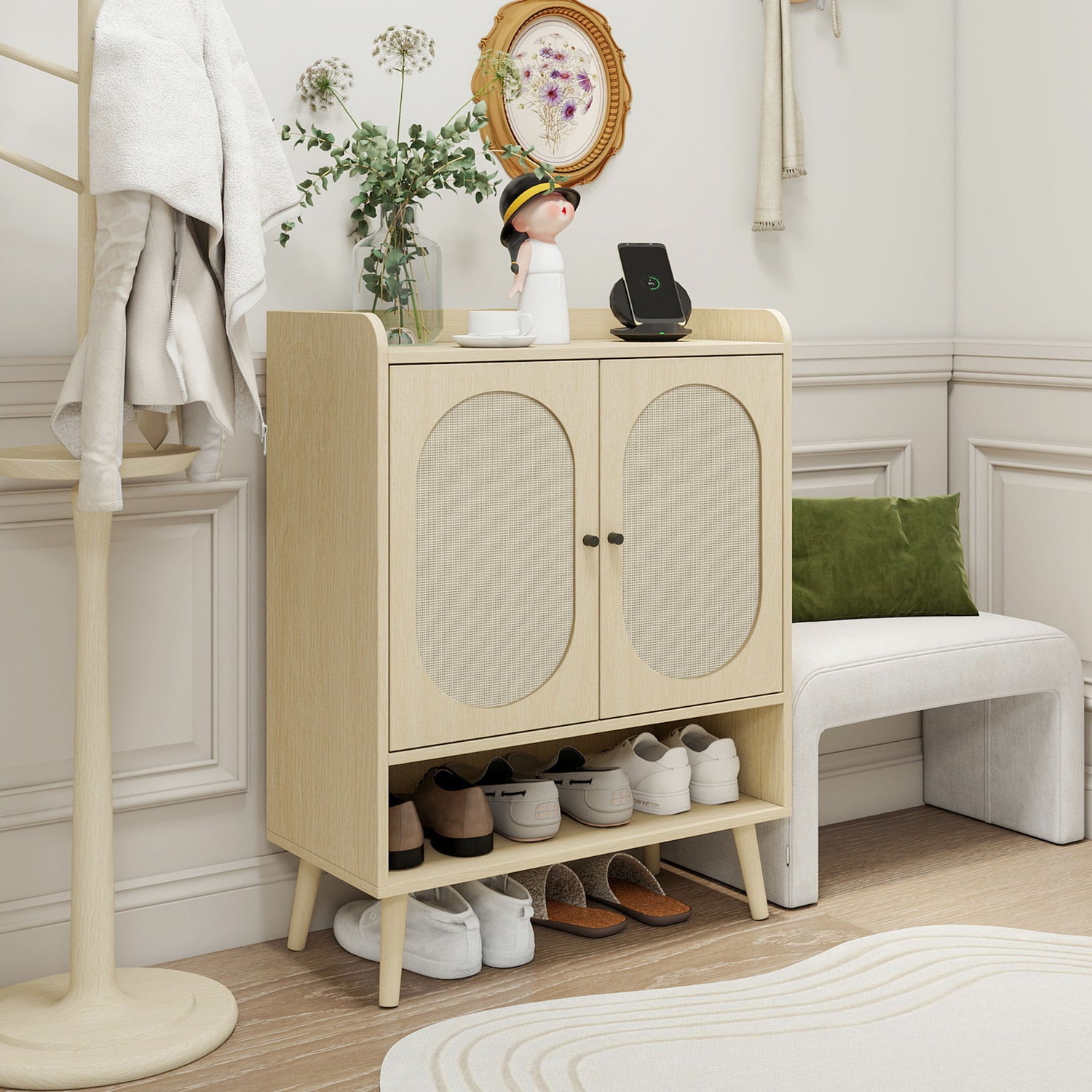 2 Door Shoe Rack, Freestanding, Modern Shoe Storage Cabinet, For Entryway - Natural