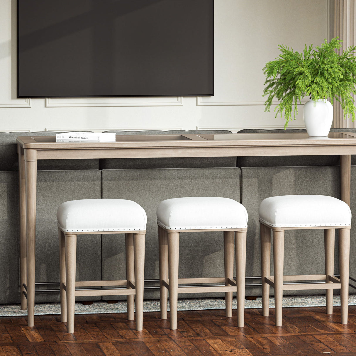 Glass Console Table With 3 Stools - Frosted