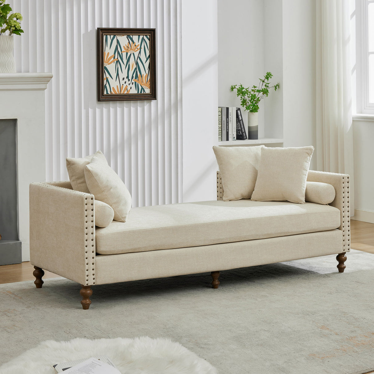 Upholstered Chaise Lounge Indoor With Nailheads, Sleeper Sofa Couch With 4 Throw Pillows & 2 Bolsters, Daybed With Rubberwood Legs