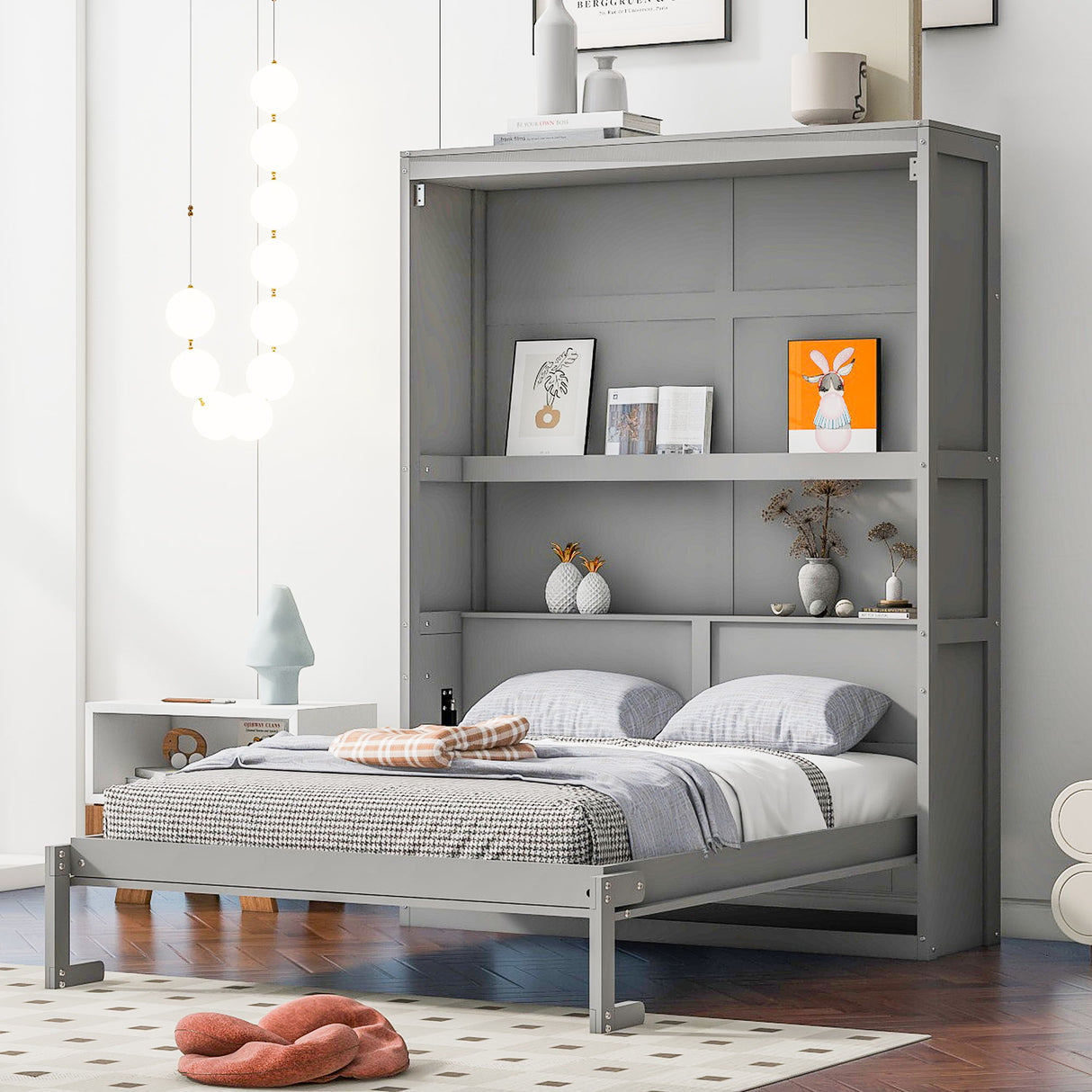 Full Size Murphy Wall Comfort Bed With Shelves - Gray