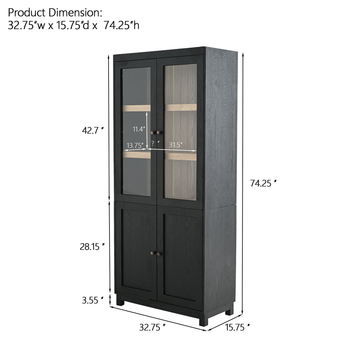 Mid Century Modern Style Tall Display Cabinet With Glass Doors For Collectibles - Black