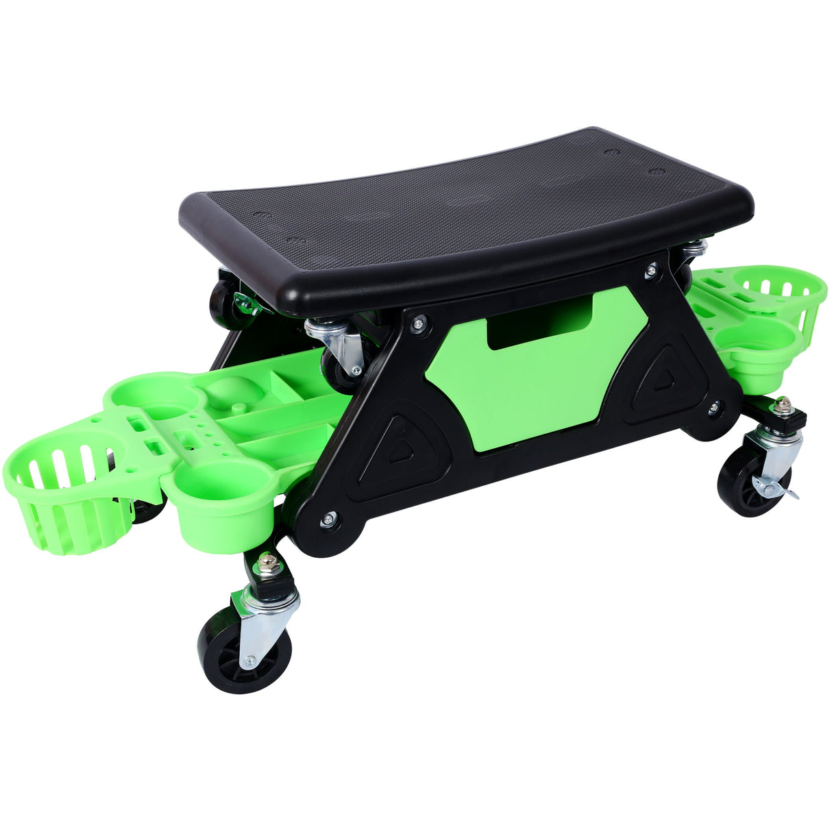 Rolling Detailing Creeper Seat With Wheels, Removable Tool Trays, 300 Lbs Capacity - Green