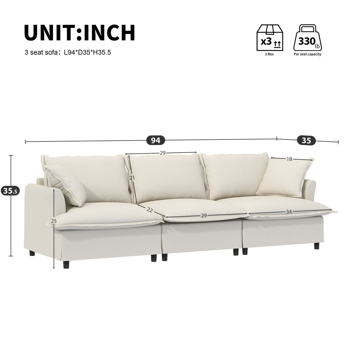 3 Seat Sofa Module For Modular Sectional Wide Seat Cloud Couch With Throw Pillows Upholstered