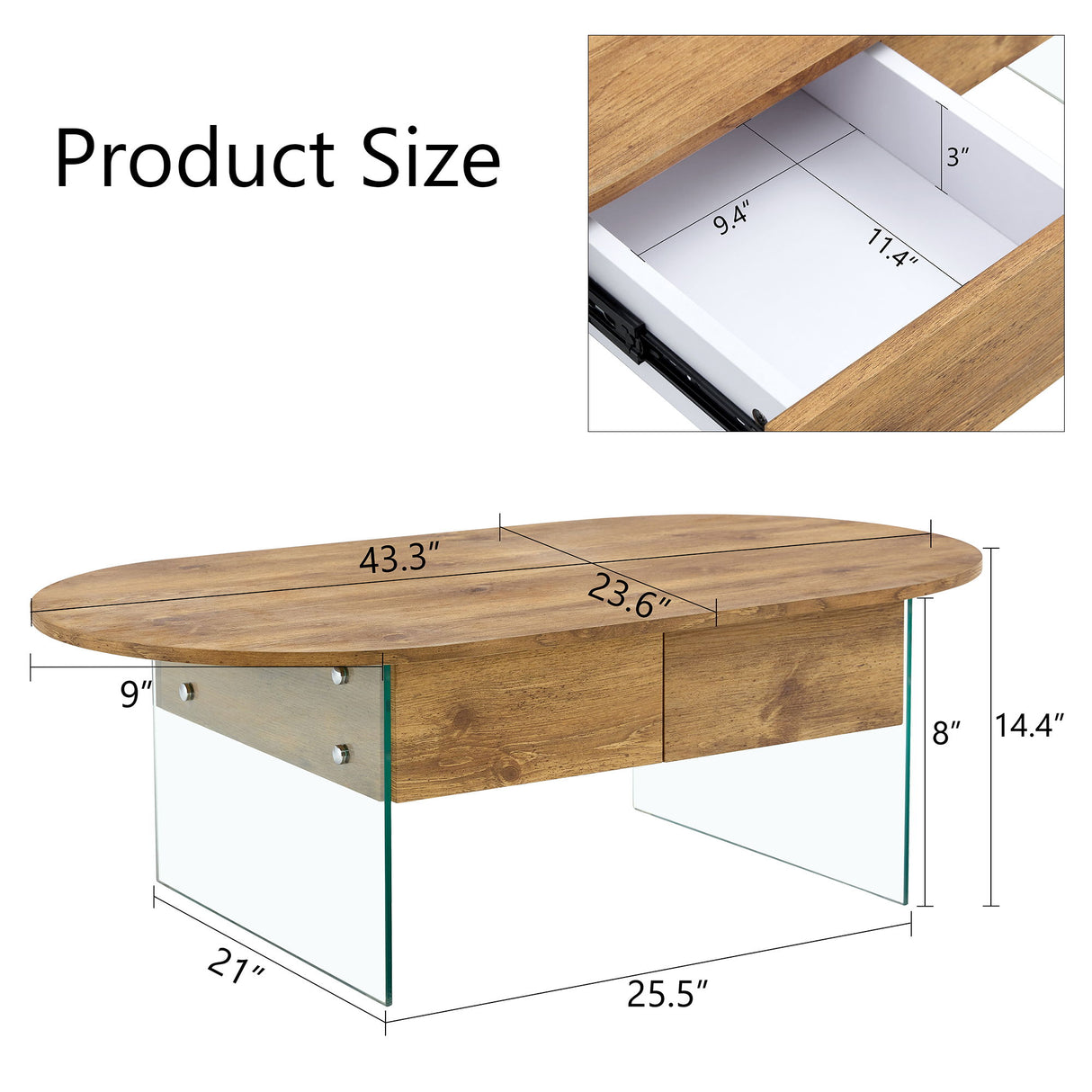 Elegant Coffee Table With Double Drawers And Transparent Glass Sides - Wood