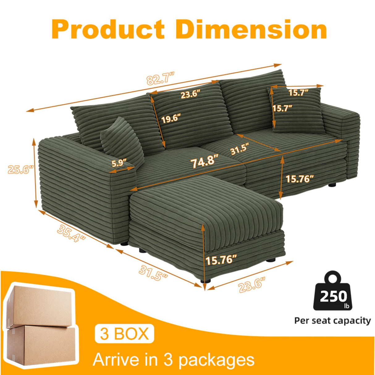 Deep Seat Convertible Sofa With Soft Pillows And Ottomans
