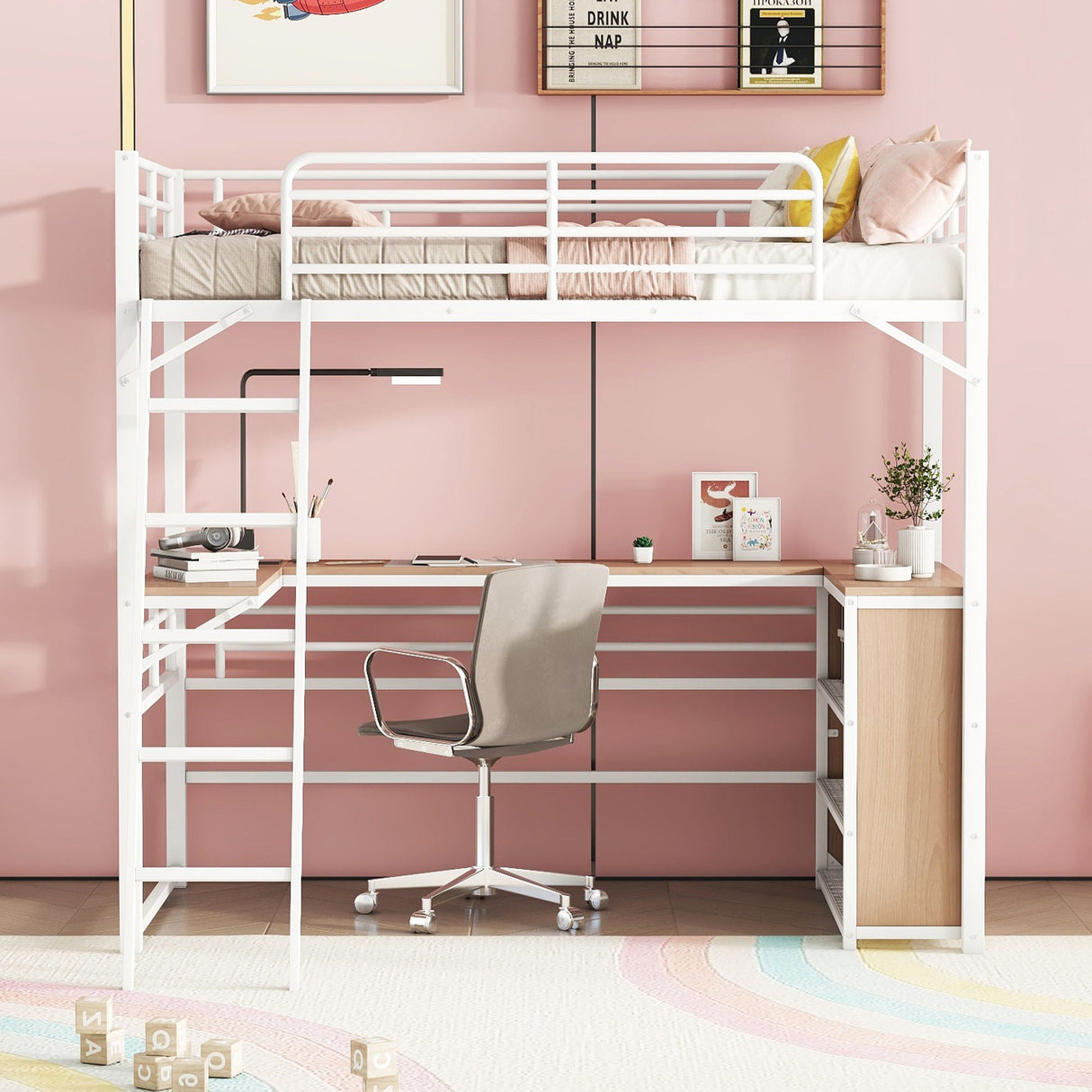 Loft Bed & 3 Layers Of Shelves And L-Shaped Desk