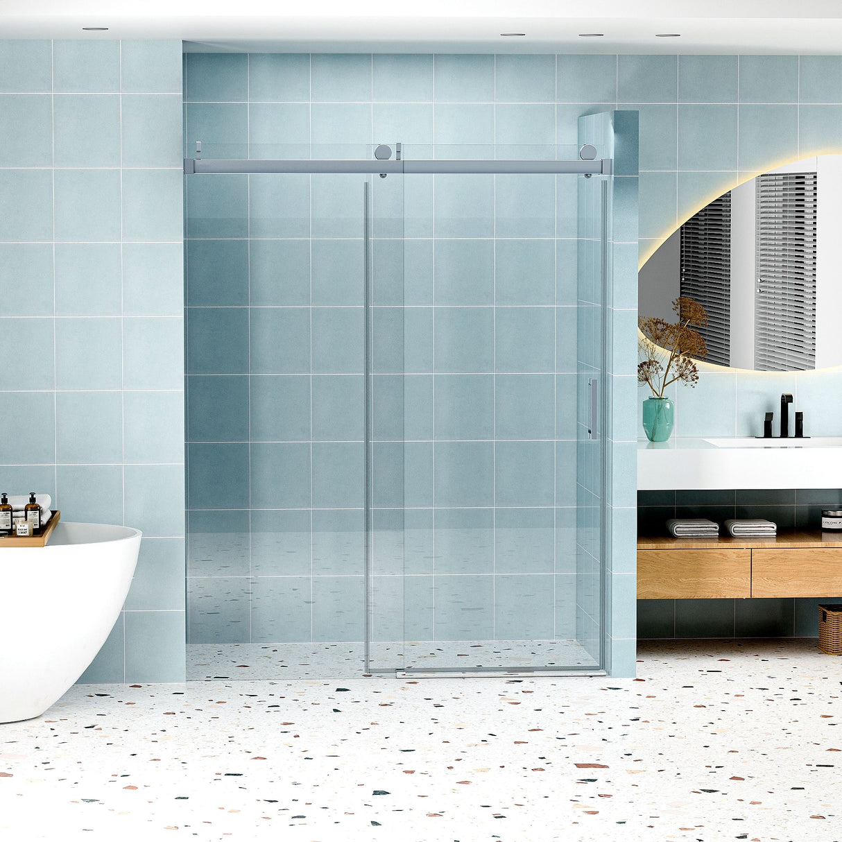 Frameless Soft-Closing Shower Door, 1/4" (6 Mm) Tempered Glass Single Sliding With Explosion Proof Coating