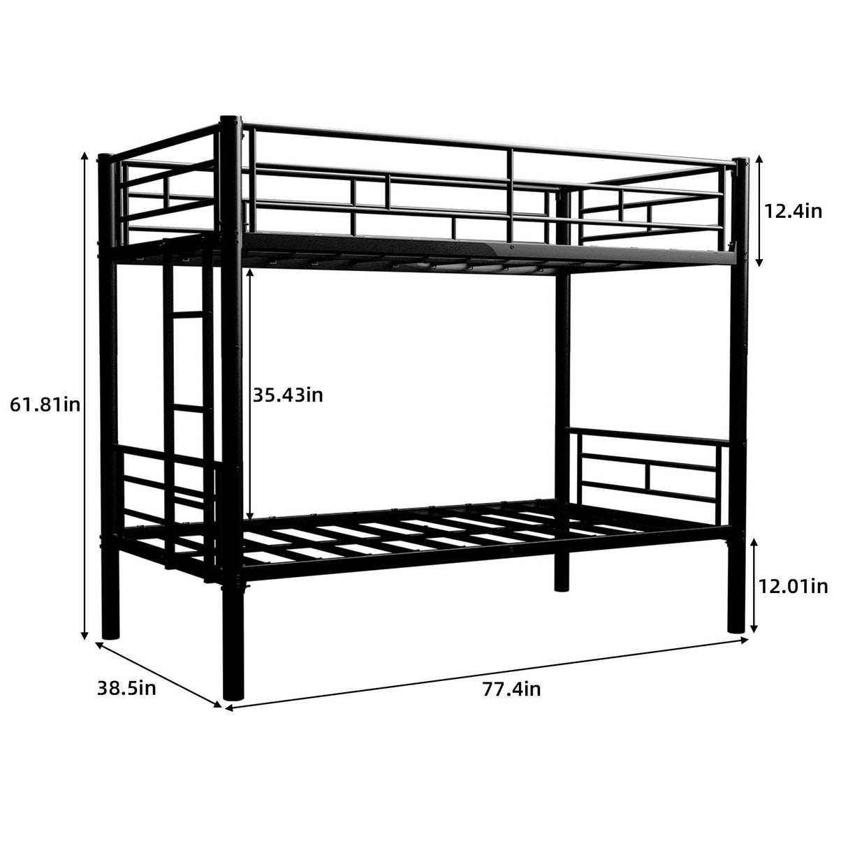 Metal Bunk Bed For Kids, Convertible Bedframe With Ladders & Guardrail