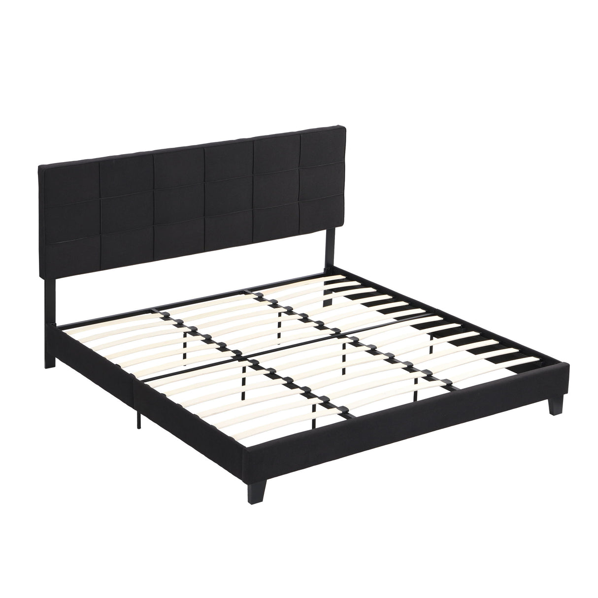 King Size Upholstered Platform Bed Frame With Linen Fabric Headboard, Wood Slat Support - Black