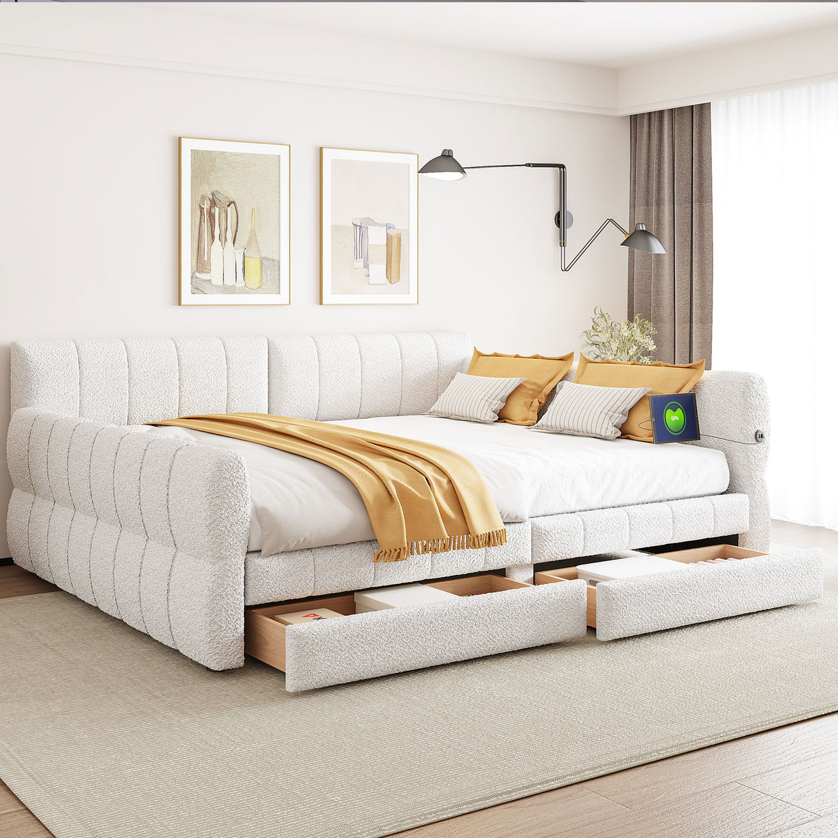 Upholstered Platform Bed With USB And 2 Drawers