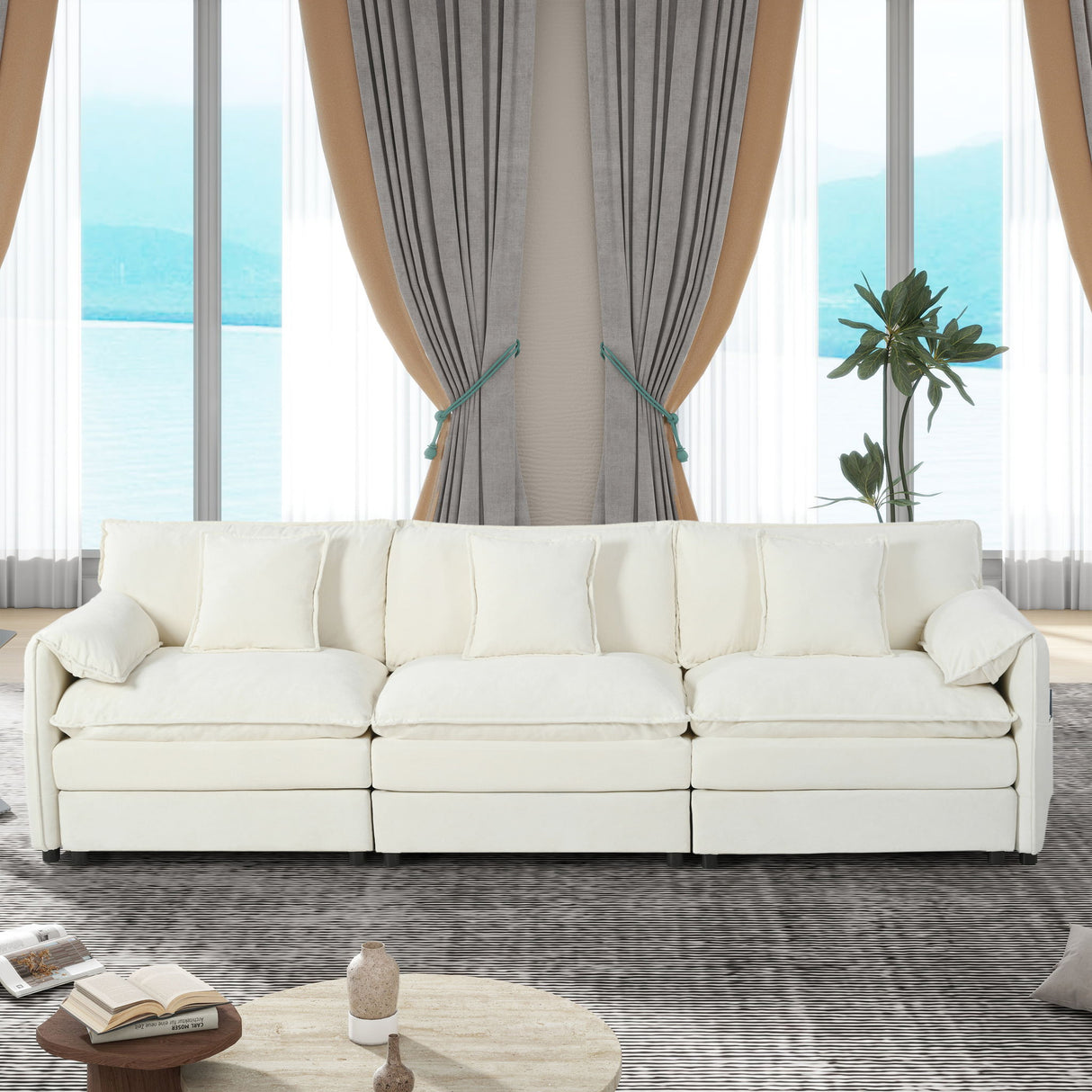 Modern Chenille Oversized Deep Seat Sectional Sofa With Pillows