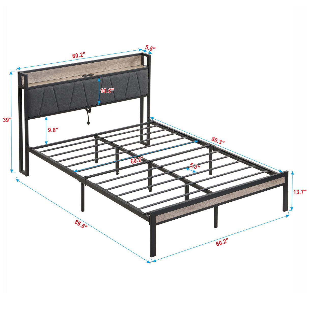 Modern Bed Frame With LED Lights, Upholstered Headboard, USB Charging