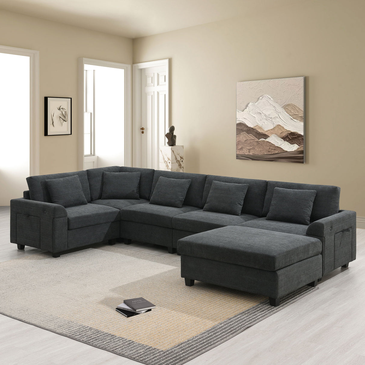 U Shaped Sectional Sofa 6 Seat Couch Set With Oversized Ottoman, Hidden Armrest Storage And Cup Holders USB Charging Ports Wide Seat Sofa