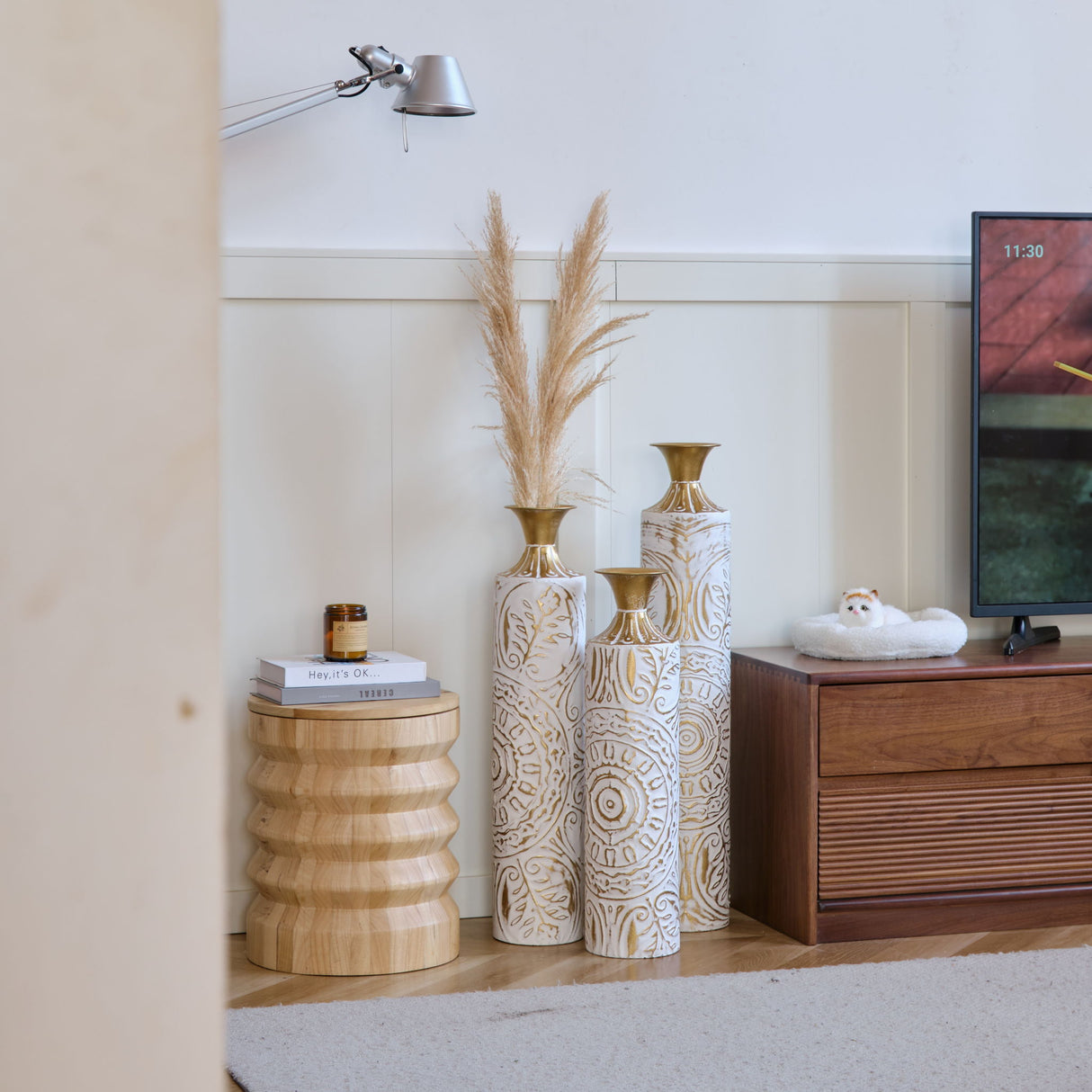 Floor Metal Vases Decorated Metal Vases (Set of 3) Gorgeous Home Decoration Large Glazed Metal Vases - White / Gold