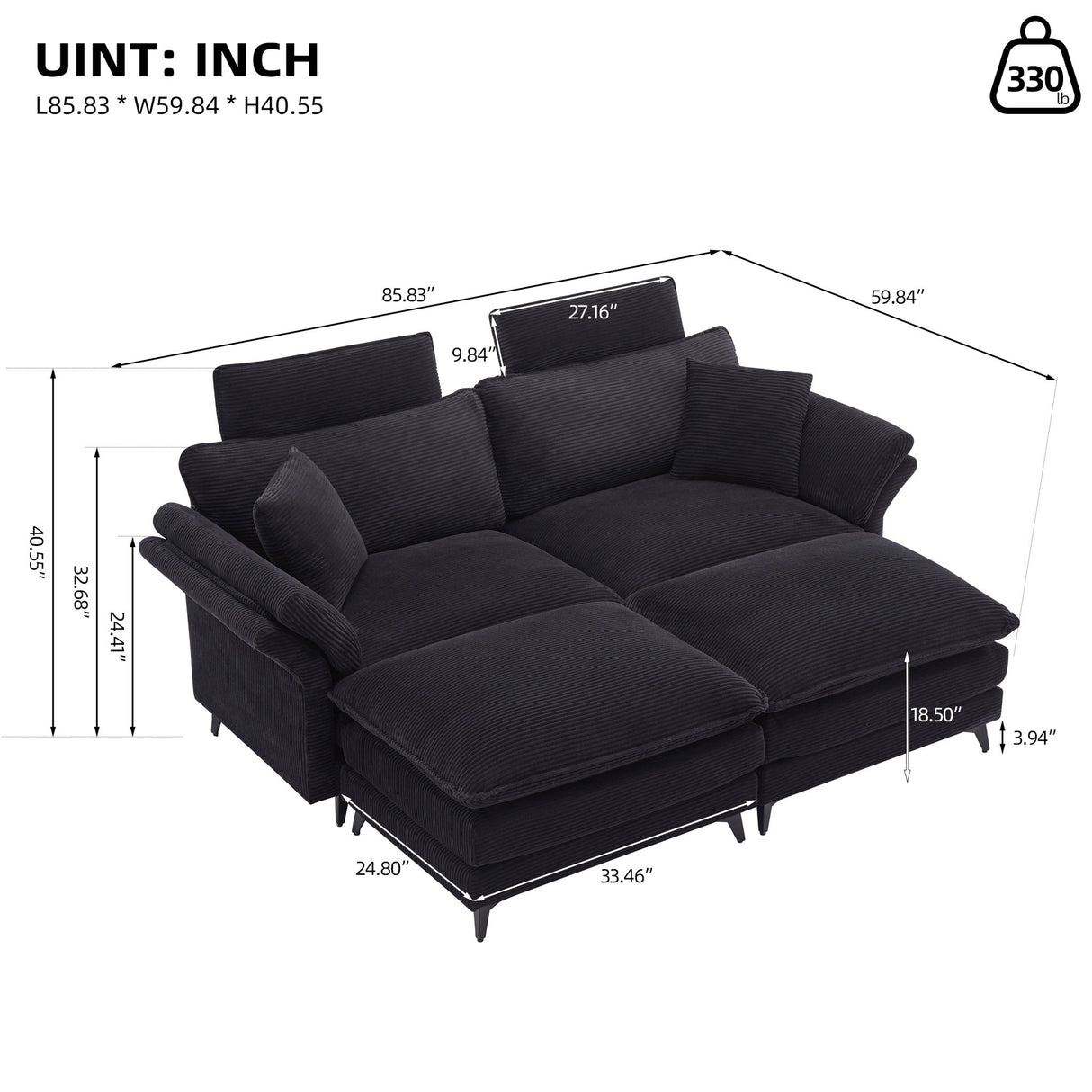 Modern Corduroy Deep Seat Sectional Sofa With Ottoman
