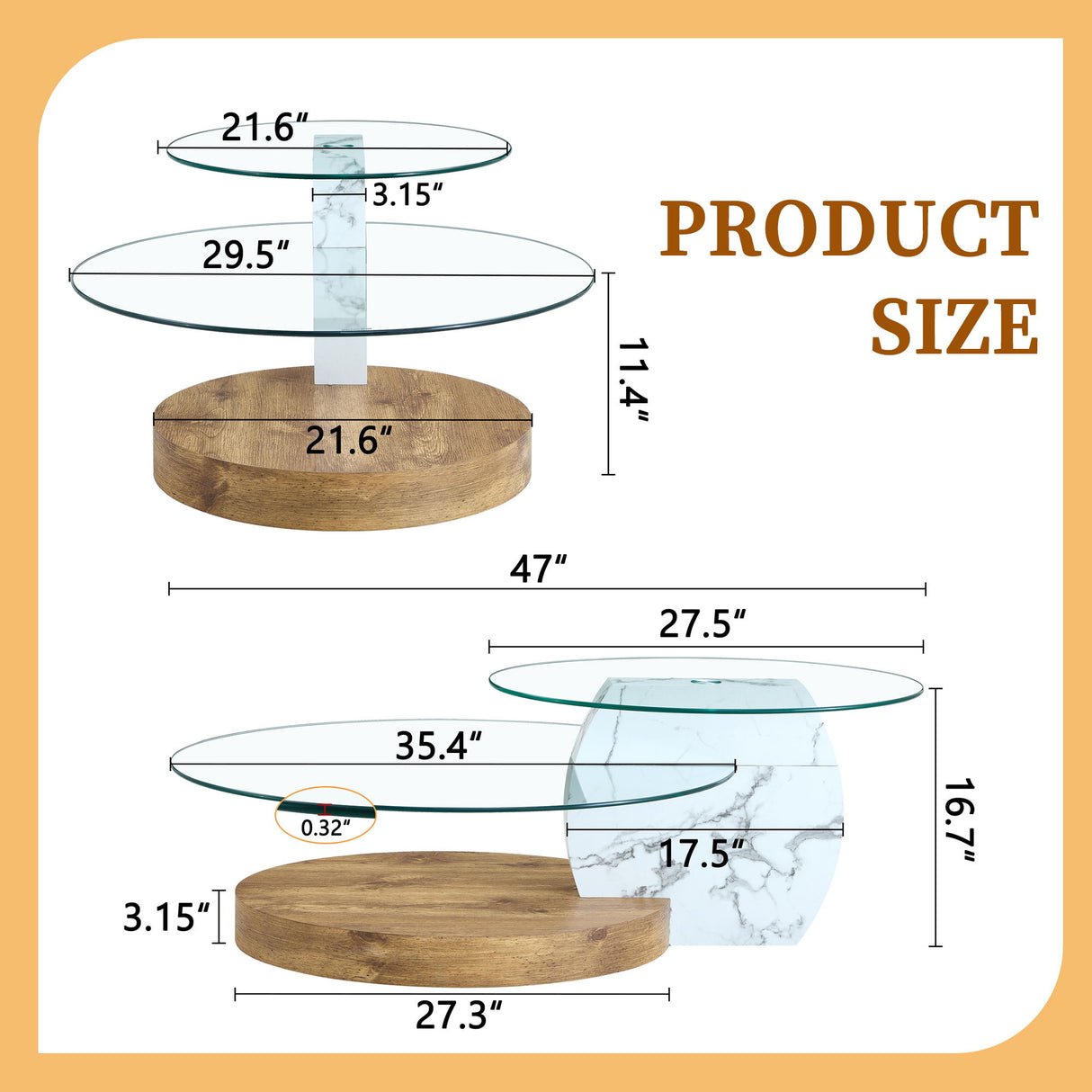 Contemporary Artistic Double Layer Coffee Table,Tempered Glass Top