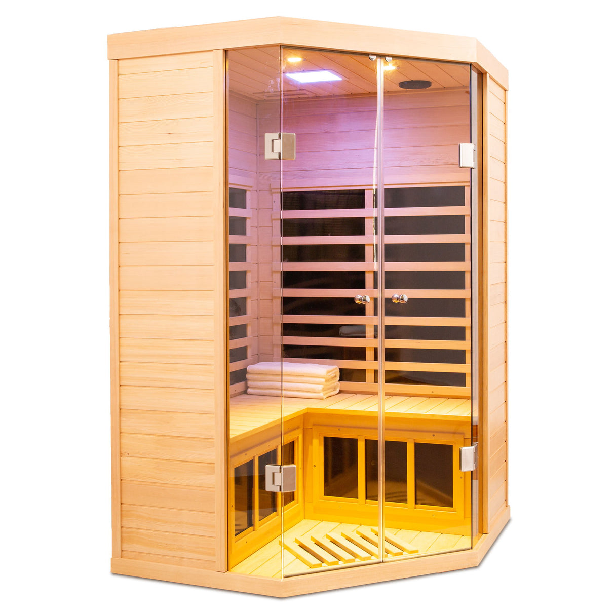 2 Persons Large Glass Front Deluxe Version Hemlock Far Infrared Corner Sauna Room - Natural