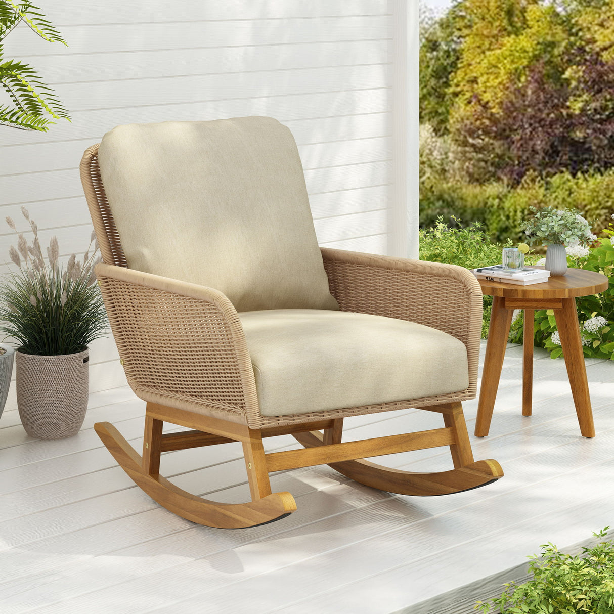 Contemporary Minimalist Wicker Rocking Chair With Soft Polyester Cushions