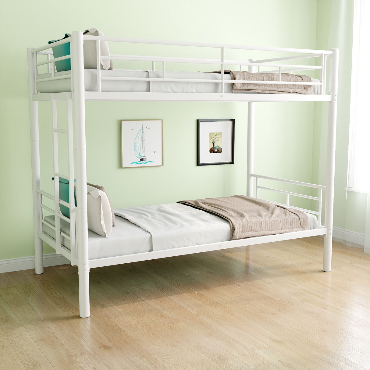 Bunk Bed For Kids, Convertible Frame With Ladders & Guardrail