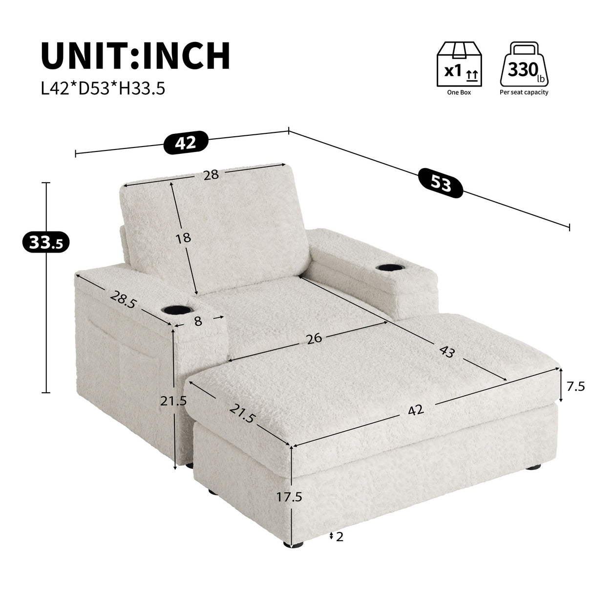 Oversized Chaise Lounge Indoor Rabbit Fur Sofa Bed With Storage Ottoman And Armrests Cup Holders With Deep Seat