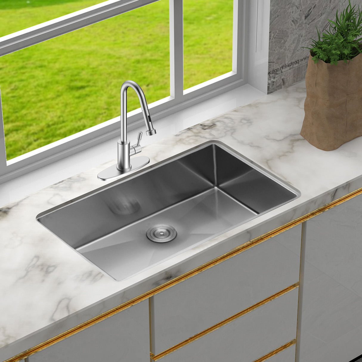 28" Undermount Kitchen Sink With, 10" Deep, Single Bowl, Rounded Corners - Brushed Nickel