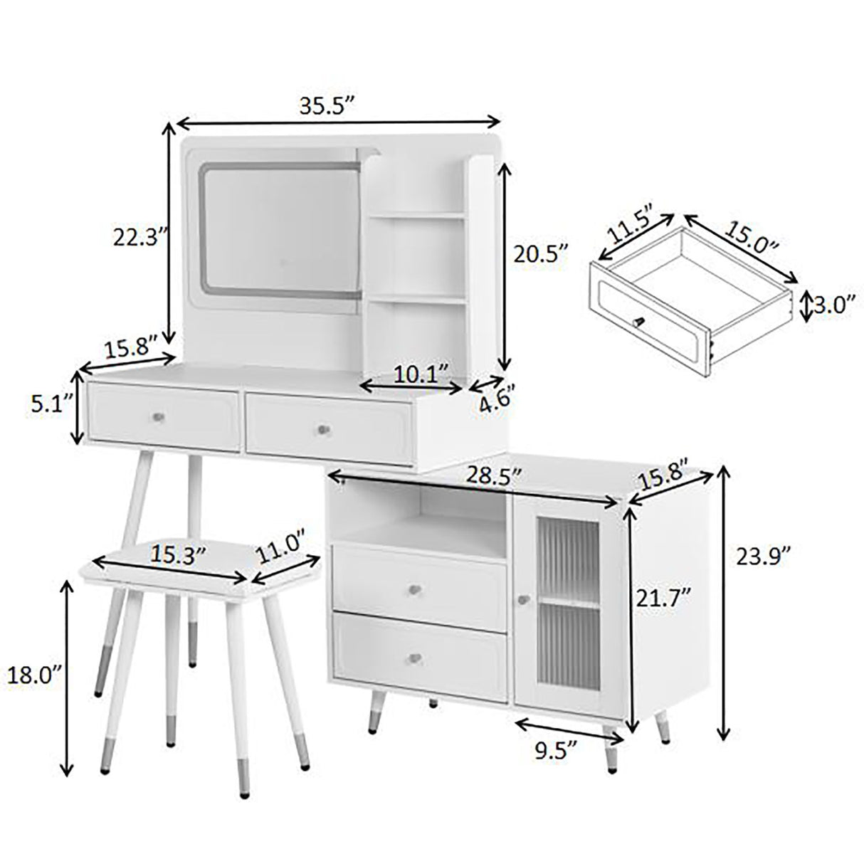 Modern Makeup Vanity Desk With Mirror And Lights Retractable Design Engineered Wood - Black