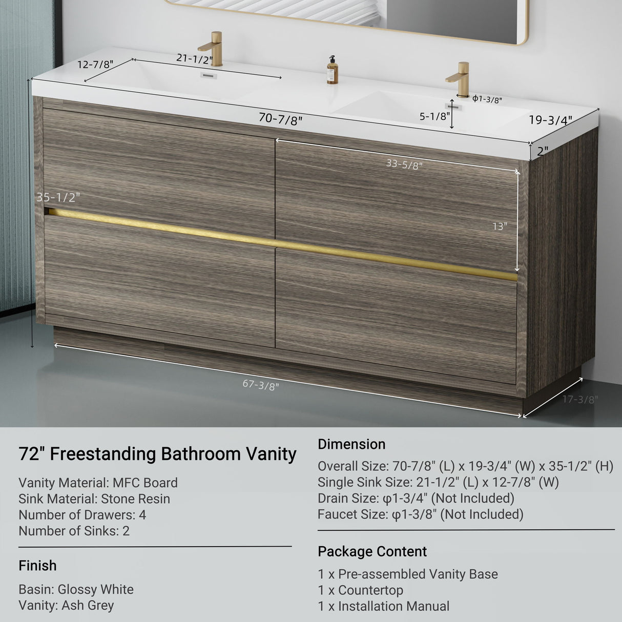 Bathin Freestanding Bathroom Vanity With Double Sinks, Bathroom Storage Vanity Cabinet With Stone Resin Countertop And Soft Close Drawers