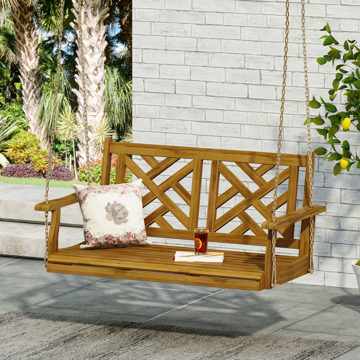 Alejandro - Acacia Wood Porch Swing With Slat Panel Seating