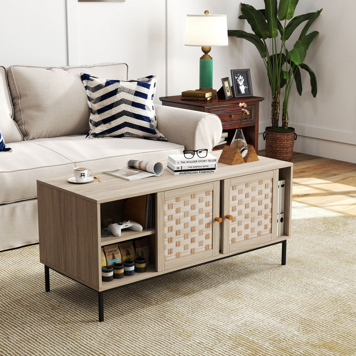 Elegant Veener Weaving Design Coffee Table With 4 Sliding Doors - Natural Wood