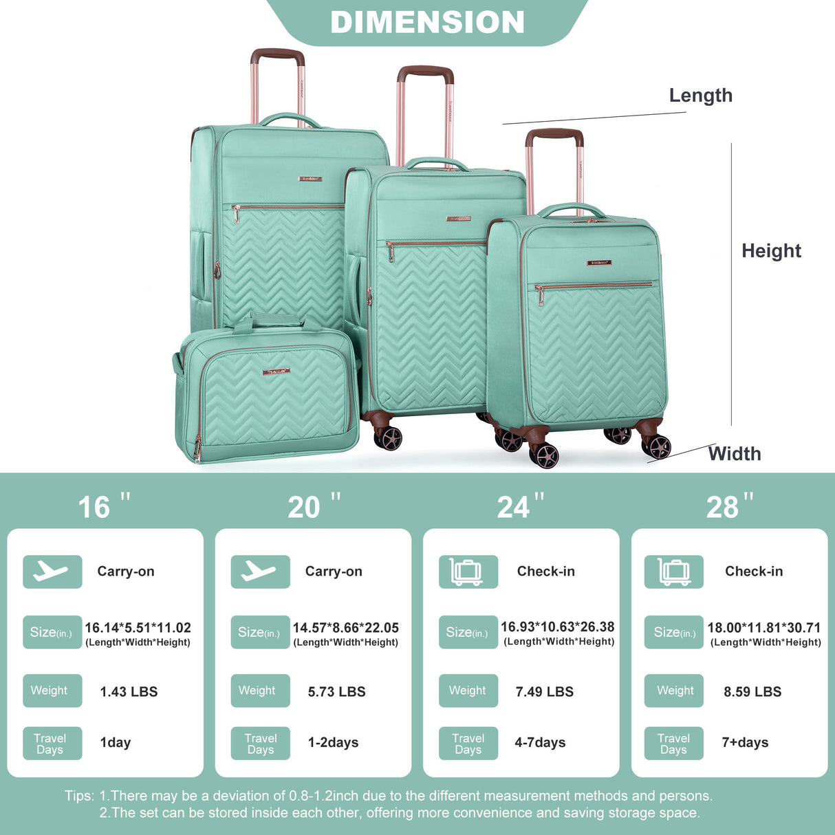 4 Piece Set, Softshell Suitcase Spinner Wheels Terylene Luggage Sets