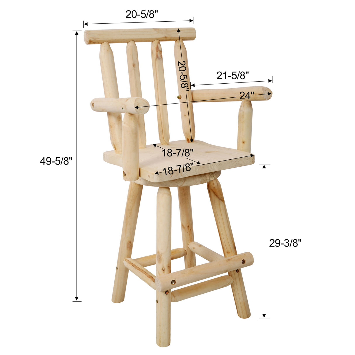 Rustic Bar Stool, Fir Wood Construction, Wide Armrest