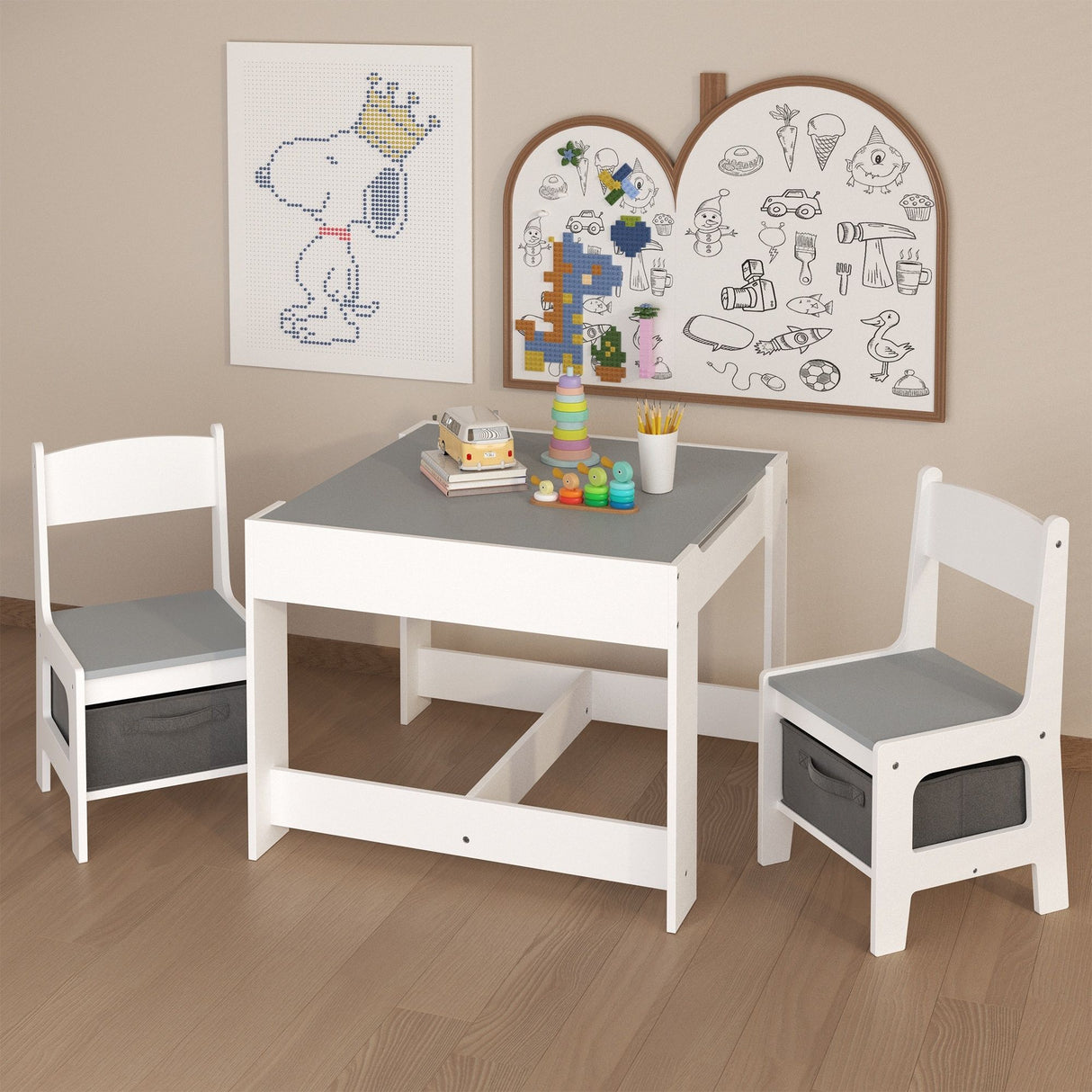 Kids Table And Chair Set, 3 In 1 Activity Table With Storage Drawer For Toddlers Drawing, Reading, Crafts, 2 In 1 Detachable Top - White