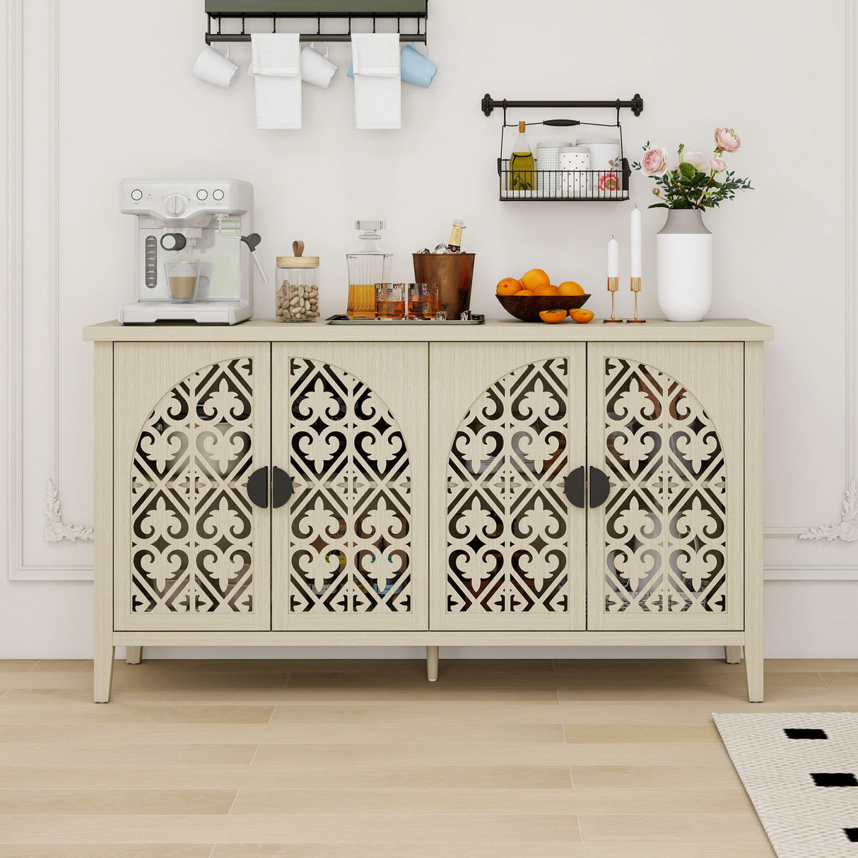 Hollowed Out Cabinet With 4 Doors, Suitable For Bedroom - Natural