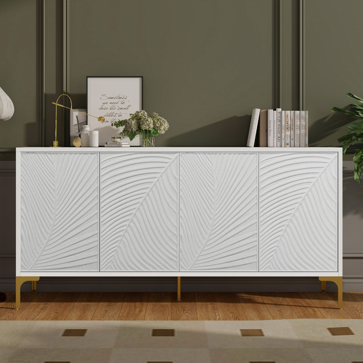 Modern 4 Door Sideboard With Creative Carved Surface And Adjustable Shelves