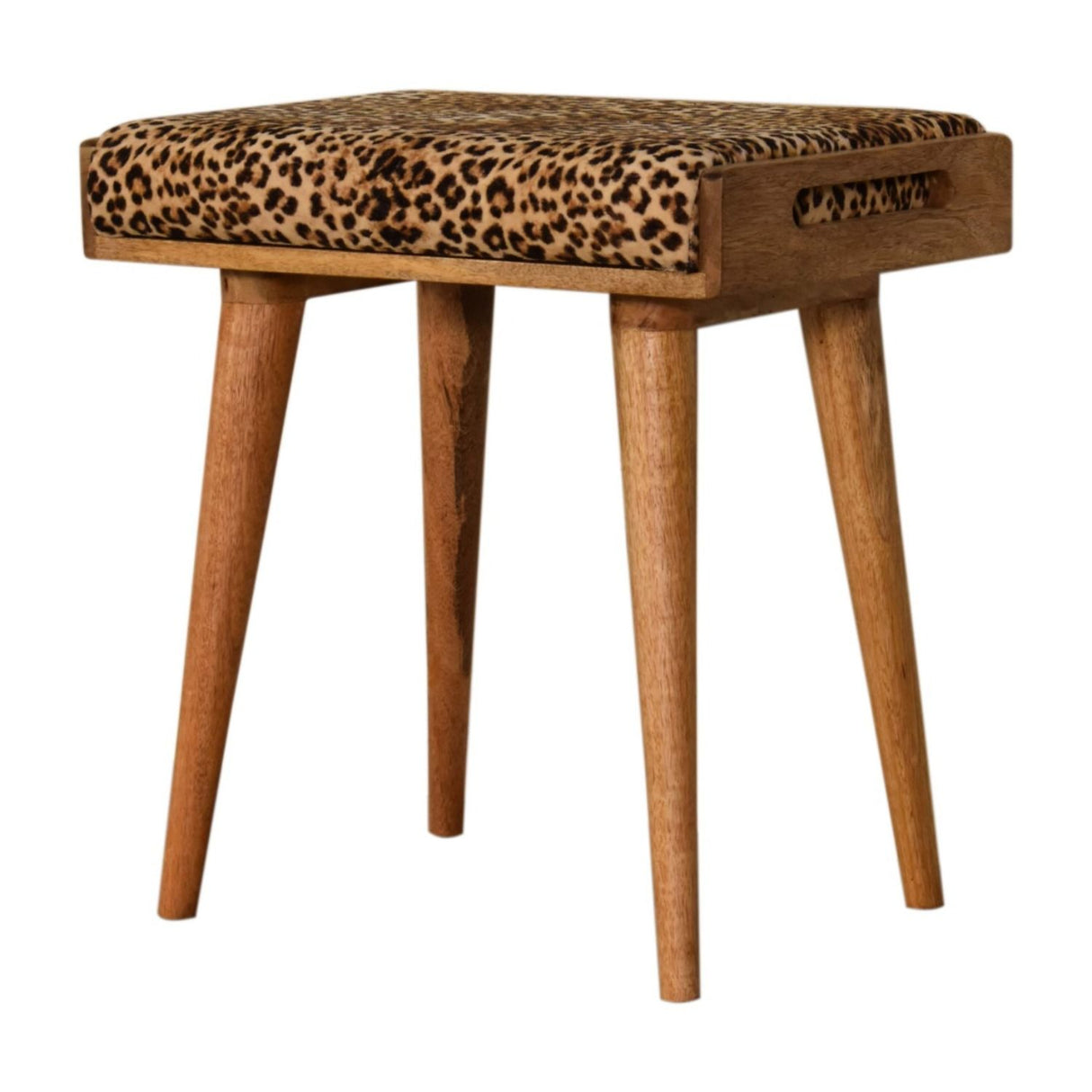 Leopard Velvet Tray Style Footstool - Brown Oak