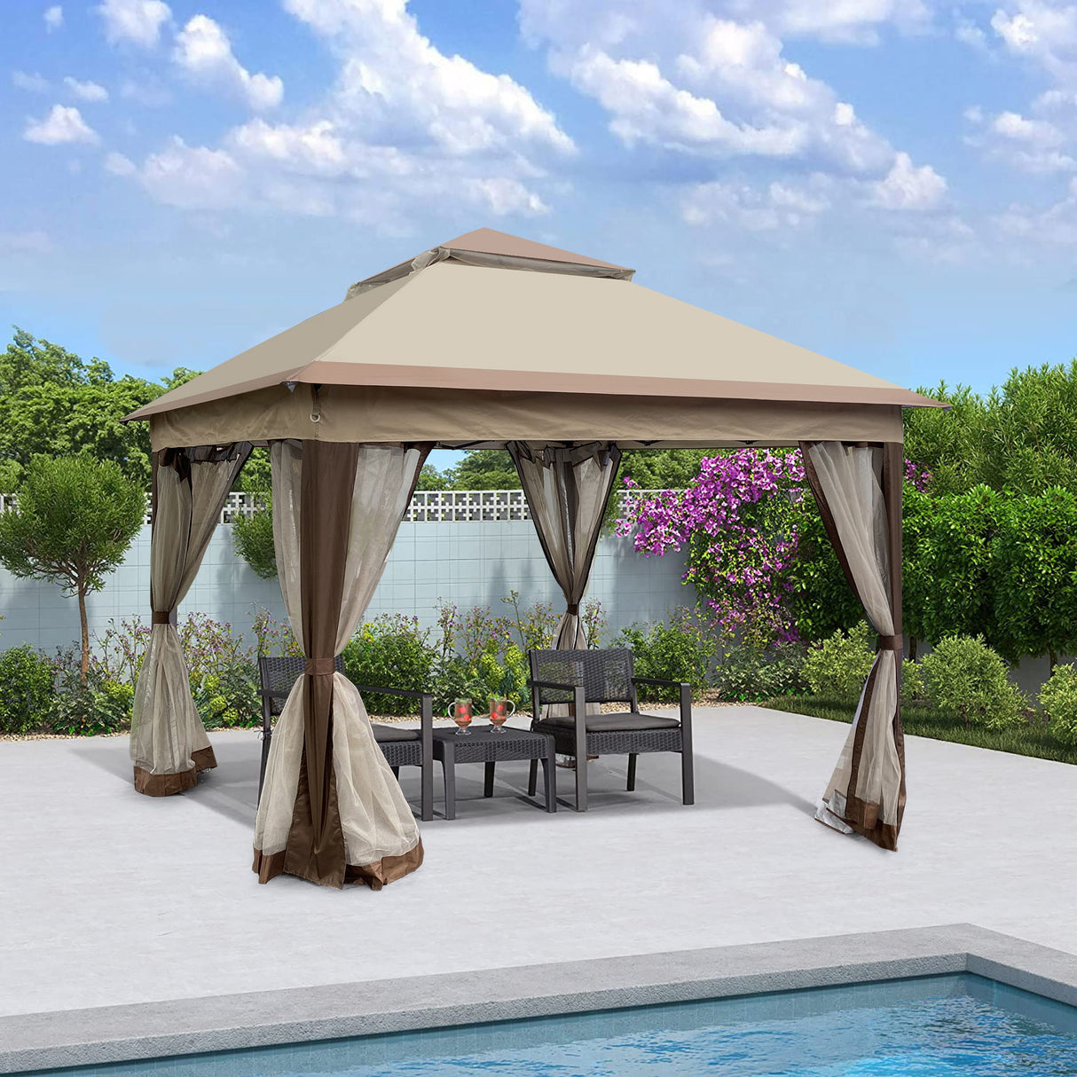 Outdoor Pop Up Gazebo Canopy With 2 Tier Soft Top And Removable Zipper Netting