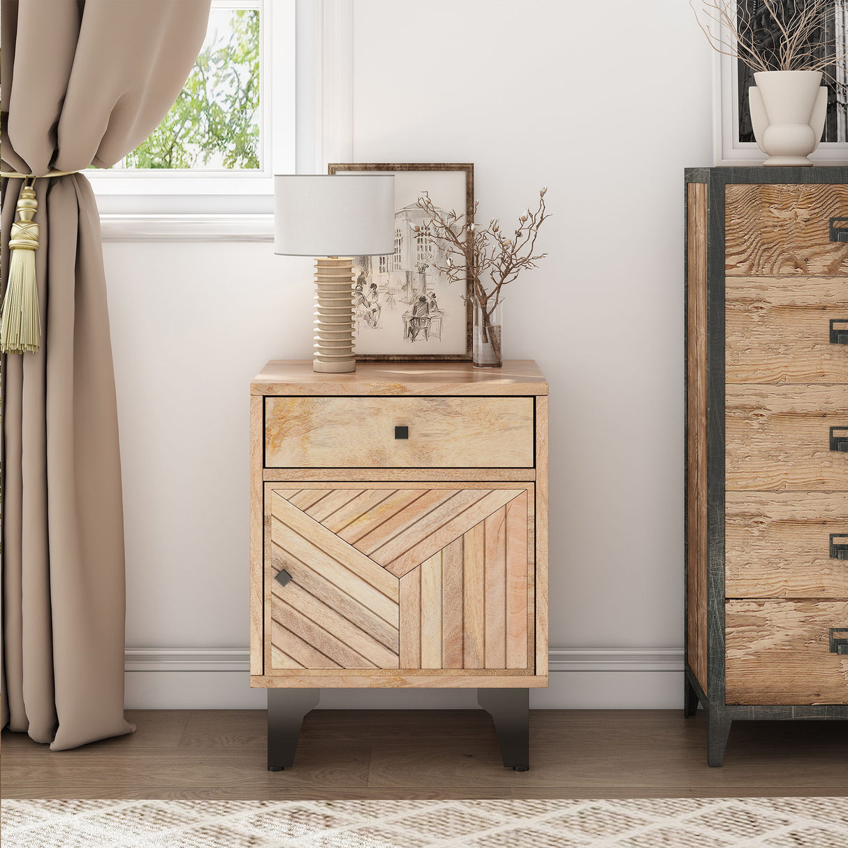 Solid Wood Vintage Nightstand With Handcrafted Detailing - Natural