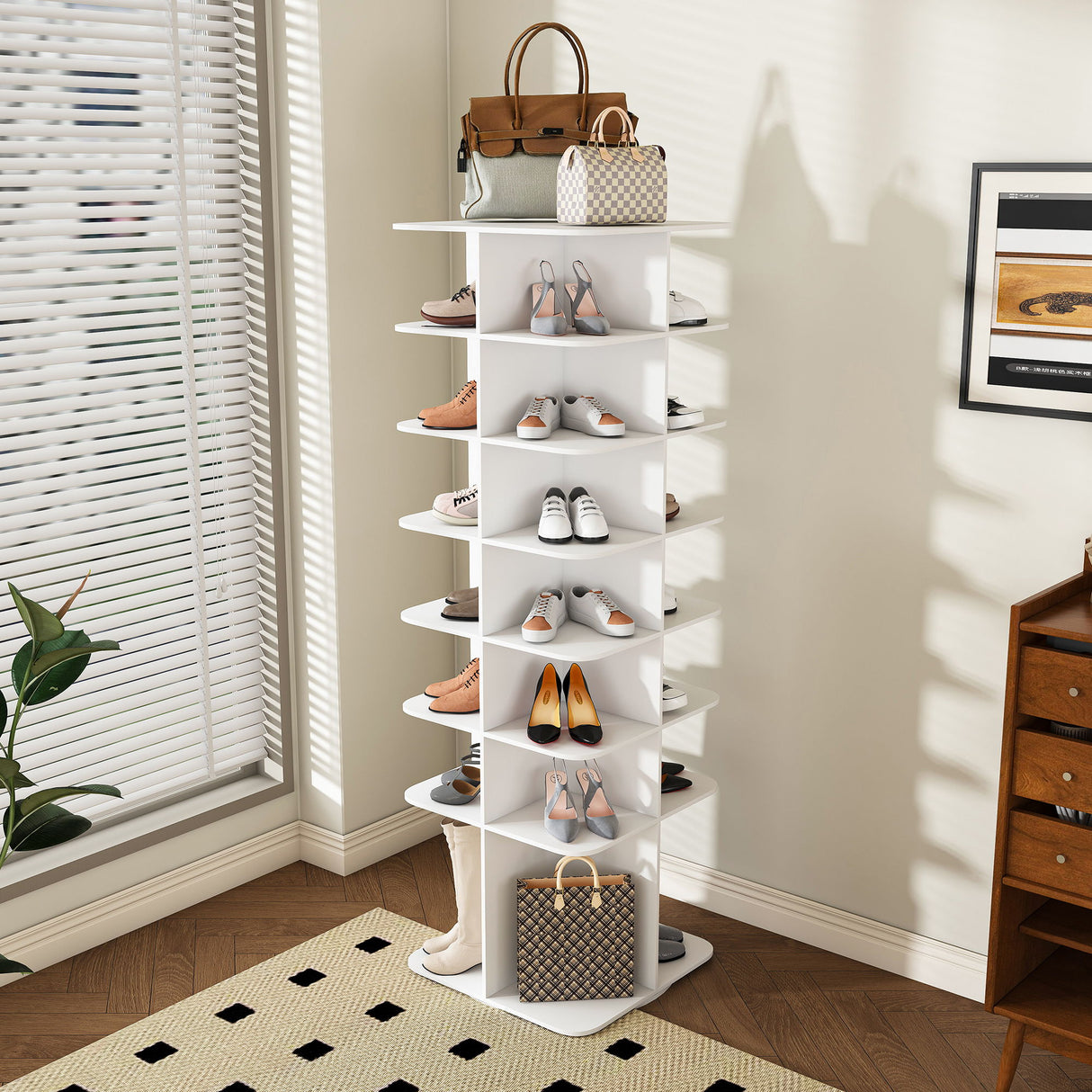 7 Tier Square Rotating Shoe Rack Tower With 360° Spinning Organizer - White
