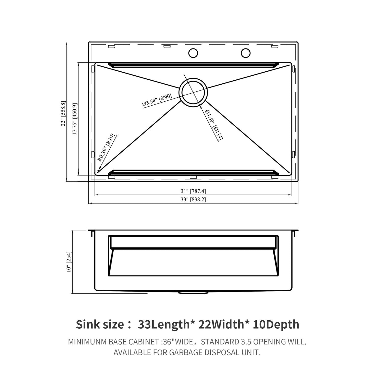 33" Drop In Kitchen Sink Single Bowl 16 Gauge Stainless Steel Ledge Workstation - Black