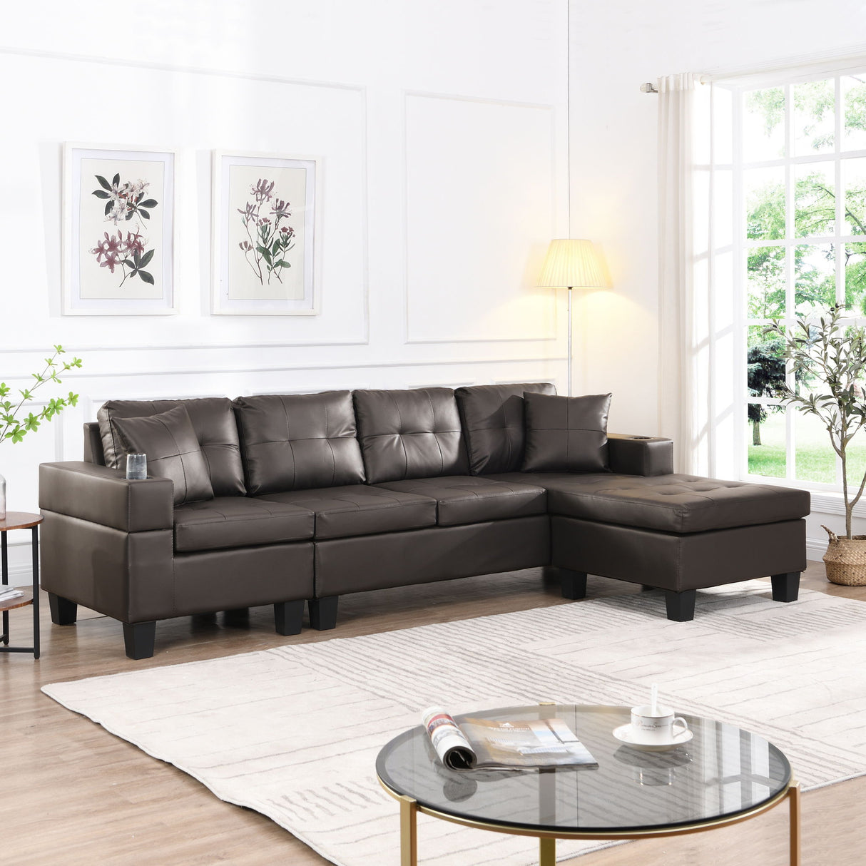 Modern Sectional Sofa Set With L Shape Chaise Lounge, Cup Holder, 4 Seat
