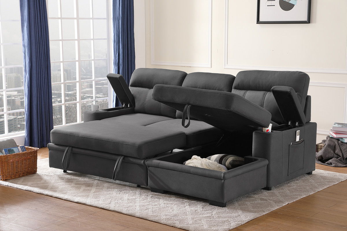 Kaden - Sleeper Sectional Sofa Chaise With Storage Arms And Cupholder
